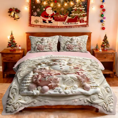 3pcs imitation relief Christmas snowman printed coreless bedding set multi size bedroom bedding decoration machine washable