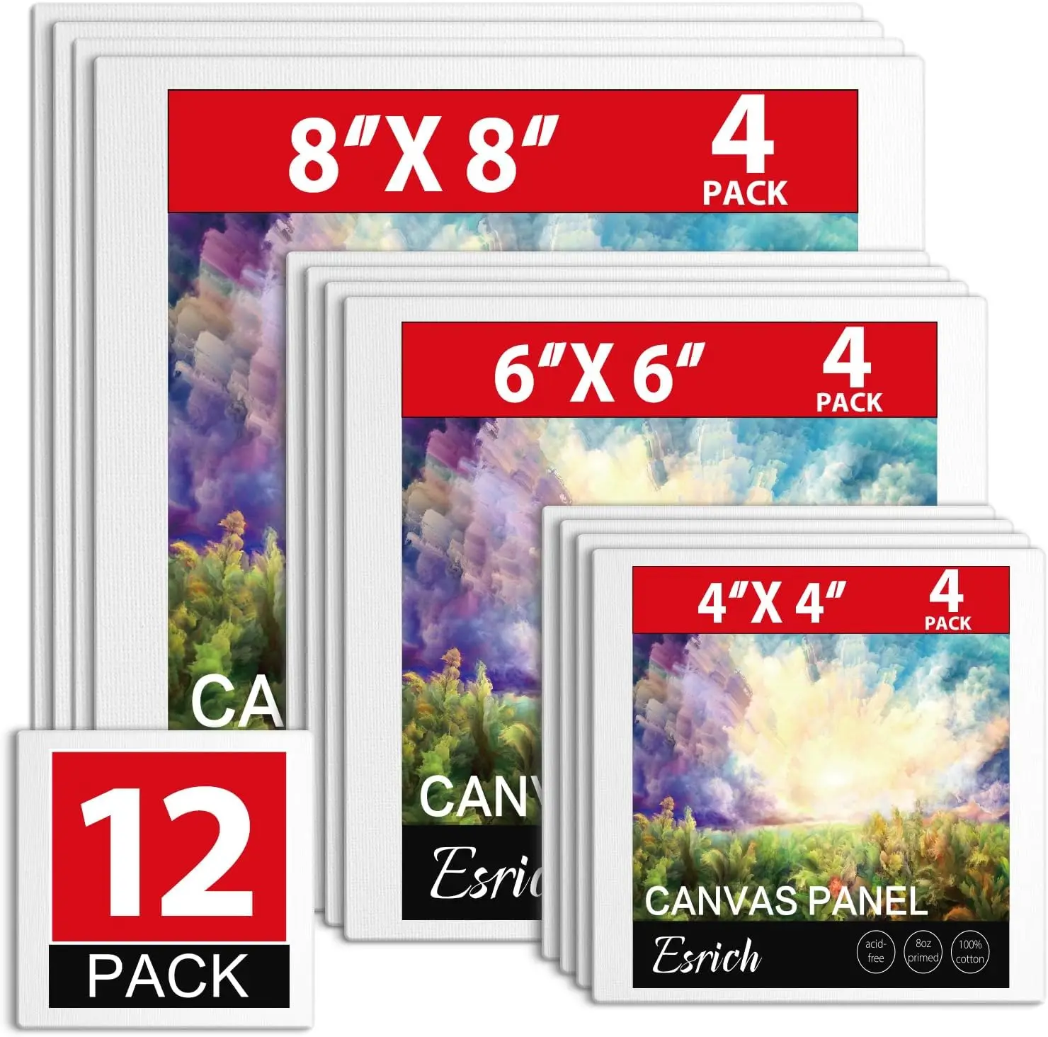 12 Pack Canvas Boards for Painting - 3 Sizes 4x4, 6x6, 8x8, Primed Cotton Panels for Acrylic, Oil, Gouache
12 Pack Canvas Boards for Painting - 3 Sizes 4x4, 6x6, 8x8, Primed Cotton Panels for Acrylic, Oil, Gouache