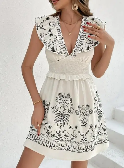 Women's Dress Summer New Sexy Elegant Vacation Style Bohemian Print Deep V-Neck Cinched Waist Pleated Design Sleeveless Dress
Women's Dress Summer New Sexy Elegant Vacation Style Bohemian Print Deep V-Neck Cinched Waist Pleated Design Sleeveless Dress