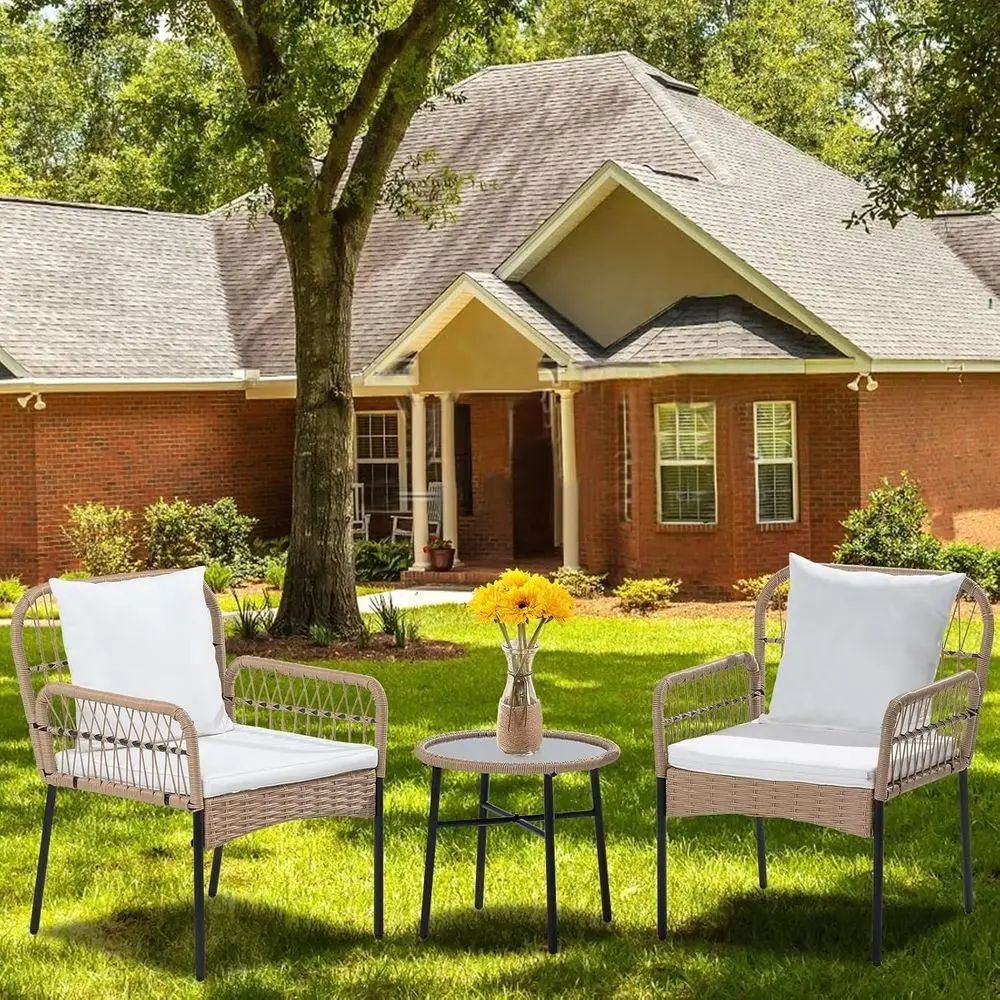 3-Piece Small Boho Outdoor Wicker Rattan Chair Set with White Cushions for Garden, Balcony, or Backyard
3-Piece Small Boho Outdoor Wicker Rattan Chair Set with White Cushions for Garden, Balcony, or Backyard