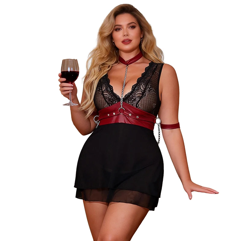 Comeondear Lady V-neck Bondage Nightdress Sheer Nightie Lingerie Plus Size Lace Nightwear Belt Skirt Sexy Black Mini Pajamas Set
Comeondear Lady V-neck Bondage Nightdress Sheer Nightie Lingerie Plus Size Lace Nightwear Belt Skirt Sexy Black Mini Pajamas Set