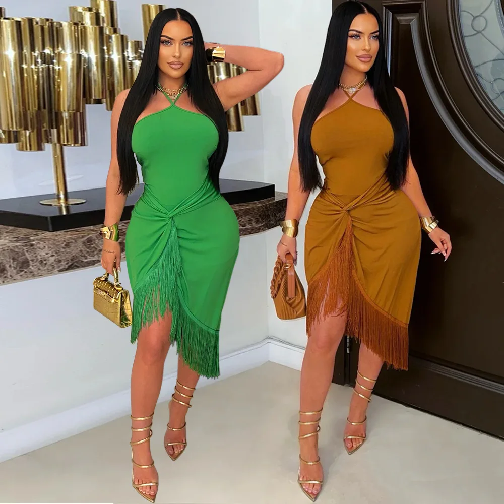 Womens Sleeveless Strap Bodycon Dress Tassel Asymmetrical Skirt Tight Fit Long Dress Fashionable Casual Party Wear summer dress
Womens Sleeveless Strap Bodycon Dress Tassel Asymmetrical Skirt Tight Fit Long Dress Fashionable Casual Party Wear summer dress