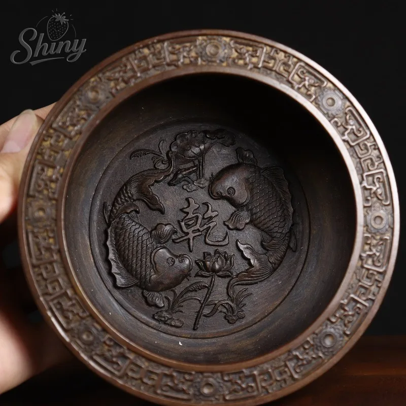 Vintage Pure Copper Treasure Basin with Double Fish Pattern Decoration Inside and Eight Treasures At The Bottom 
Vintage Pure Copper Treasure Basin with Double Fish Pattern Decoration Inside and Eight Treasures At The Bottom