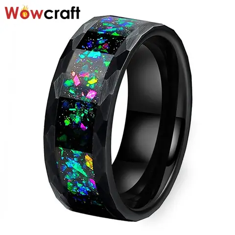 Hammered Tungsten Carbide Rings for Men Women Wedding Bands Galaxy Crushed Opal inlay Brushed Finish Comfort Fit
