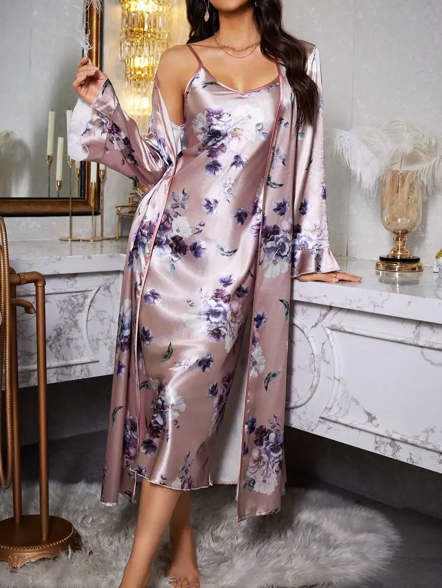 2pcs Floral Print Faux Silk Spaghetti Strap Sleep Dress And Belted Robe Pajama Set
2pcs Floral Print Faux Silk Spaghetti Strap Sleep Dress And Belted Robe Pajama Set