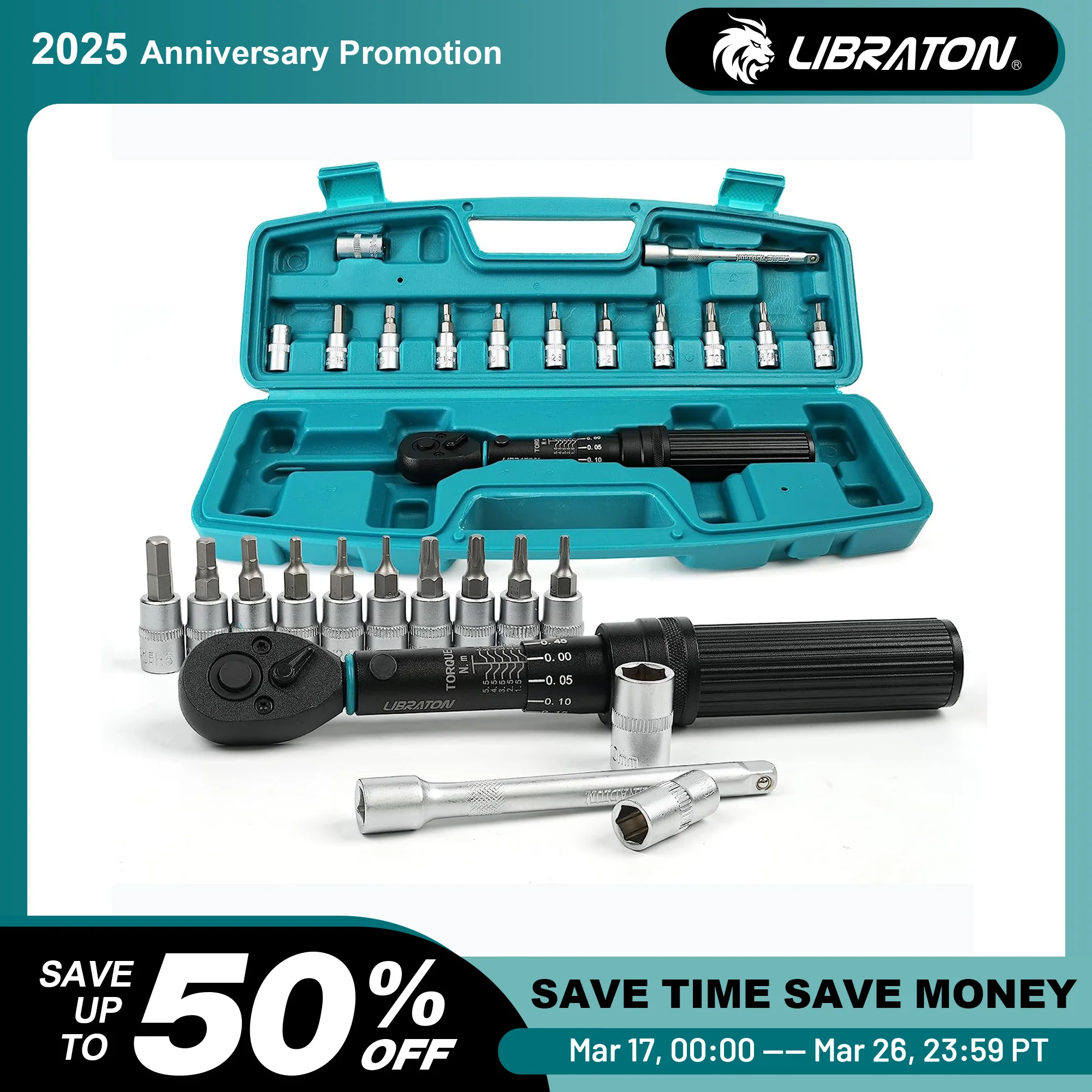 LIBRATON Bike Torque Wrench 1/4'' 1-6Nm, 0.05 Nm Micro, Drive Click Torque Wrench Set, Hex, Torx/Star Bit Sockets, Extension Bar
LIBRATON Bike Torque Wrench 1/4'' 1-6Nm, 0.05 Nm Micro, Drive Click Torque Wrench Set, Hex, Torx/Star Bit Sockets, Extension Bar