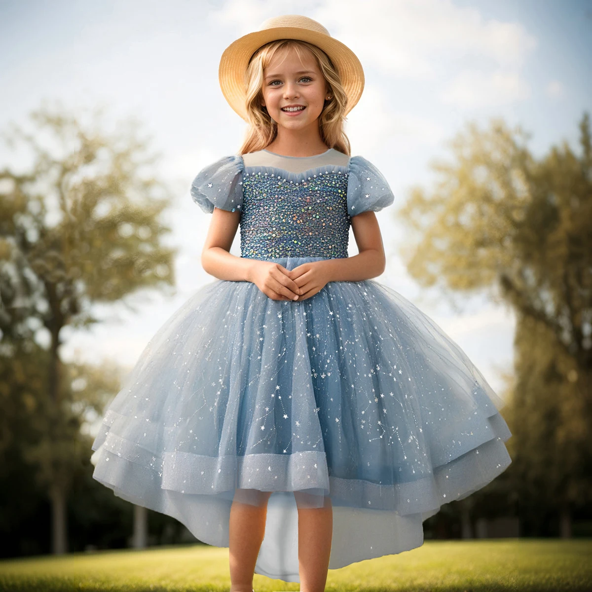 Весенне-летнее новое платье принцессы со звездами и сетчатыми рукавами со шлейфом для девочек, милое и милое платье с цветочным узором для девочек 
Весенне-летнее новое платье принцессы со звездами и сетчатыми рукавами со шлейфом для девочек, милое и милое платье с цветочным узором для девочек