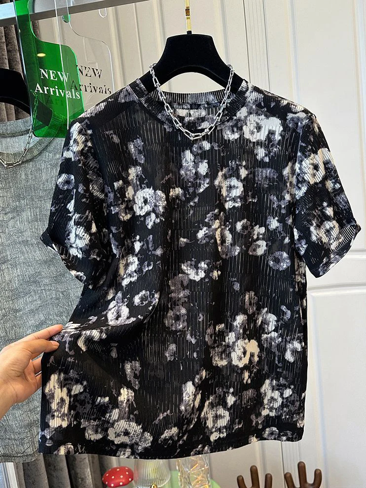 Summer Must-Have Ice Silk Short Sleeve T-Shirt Women's Lightweight See-through Floral Top Thin Korean Style round Neck Tee
Summer Must-Have Ice Silk Short Sleeve T-Shirt Women's Lightweight See-through Floral Top Thin Korean Style round Neck Tee