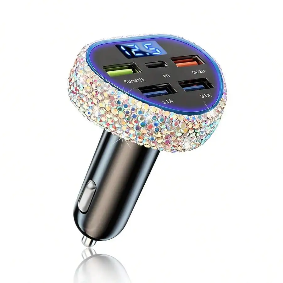 Heart-Shaped Rhinestone Car Charger With 5-Port Fast Charging, Digital Voltage Display, PD+QC3.0+SuperCharge, 12V/24V Compatible
Heart-Shaped Rhinestone Car Charger With 5-Port Fast Charging, Digital Voltage Display, PD+QC3.0+SuperCharge, 12V/24V Compatible