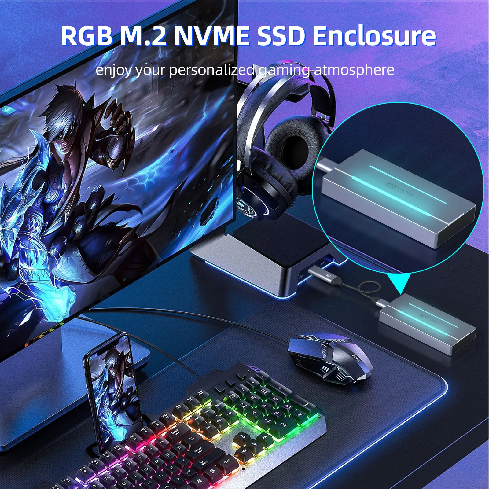 SANZANG RGB M.2 NVMe SSD Enclosure 10Gbps USB 3.1 Gen2 Aluminum Supports 2230/2242/2260/2280, B+M Key Dual USB-A/Type-C Gaming Light Fast Transfer Heat Dissipation External SSD Case
SANZANG RGB M.2 NVMe SSD Enclosure 10Gbps USB 3.1 Gen2 Aluminum Supports 2230/2242/2260/2280, B+M Key Dual USB-A/Type-C Gaming Light Fast Transfer Heat Dissipation External SSD Case