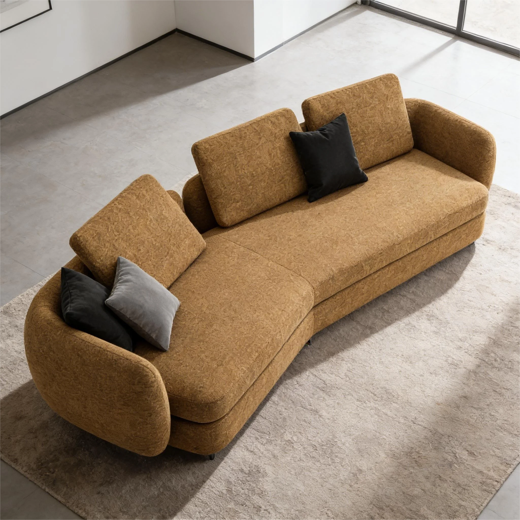 Caramel Textured Fabric Curved Sofa with Color-block Pillows Minimalist Light Style Living Room Sofas Leisure Use Sofa
Caramel Textured Fabric Curved Sofa with Color-block Pillows Minimalist Light Style Living Room Sofas Leisure Use Sofa