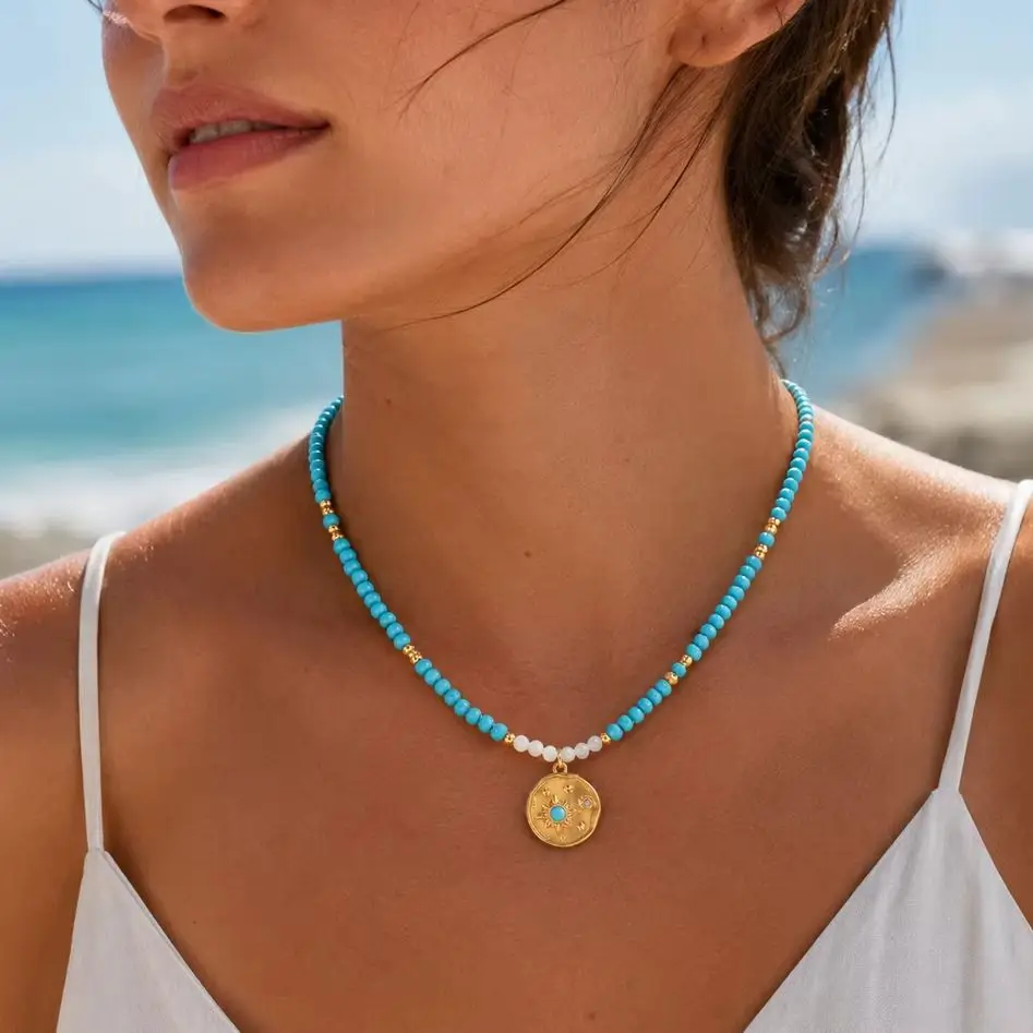 Handmade Natural Turquoise Beads Necklace for Women Stainless Steel Gold Color Round Pendant Adjustable Jewelry Summer Gift
Handmade Natural Turquoise Beads Necklace for Women Stainless Steel Gold Color Round Pendant Adjustable Jewelry Summer Gift
