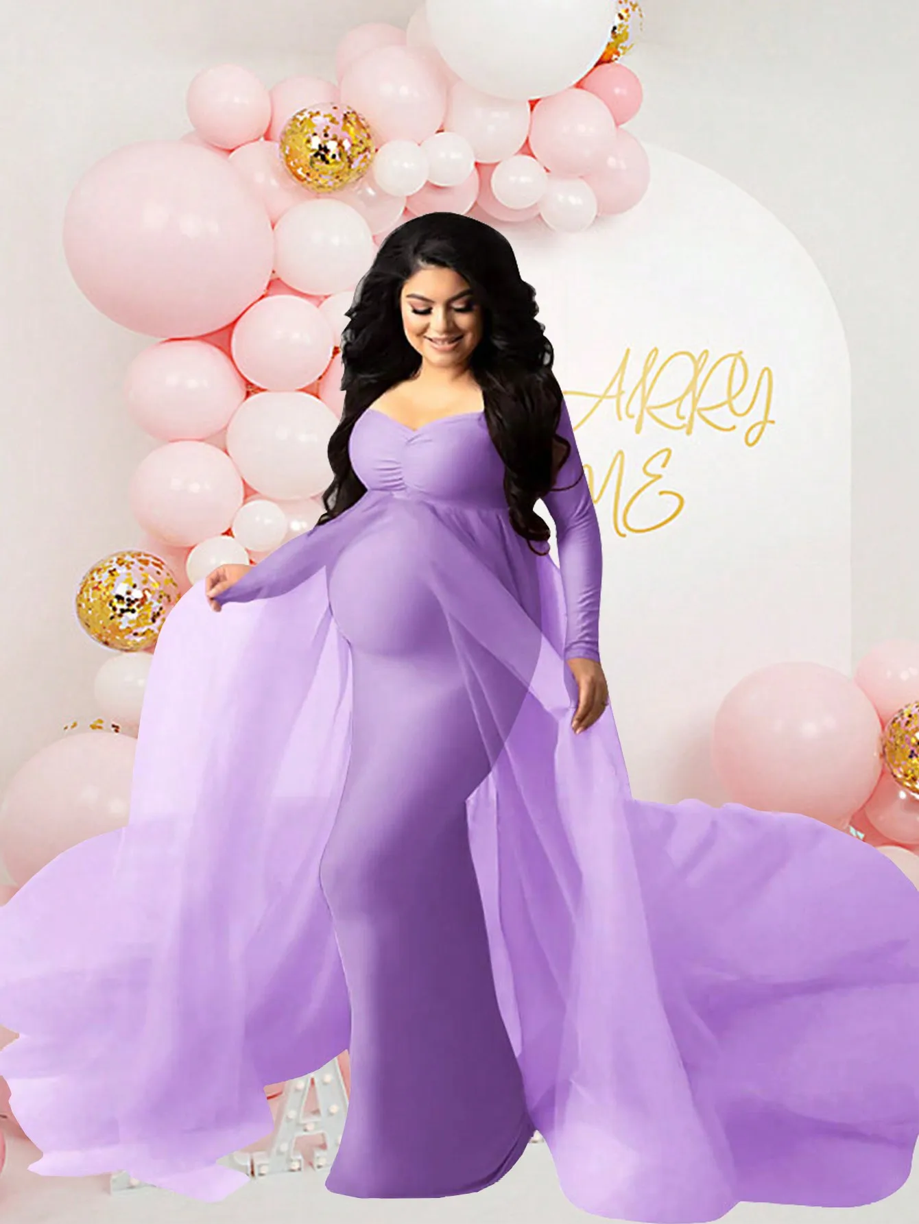 Lavender Maternity Long Sleeve Floor-Length Mesh Overlay Dress for Photoshoot or Baby Shower
Lavender Maternity Long Sleeve Floor-Length Mesh Overlay Dress for Photoshoot or Baby Shower