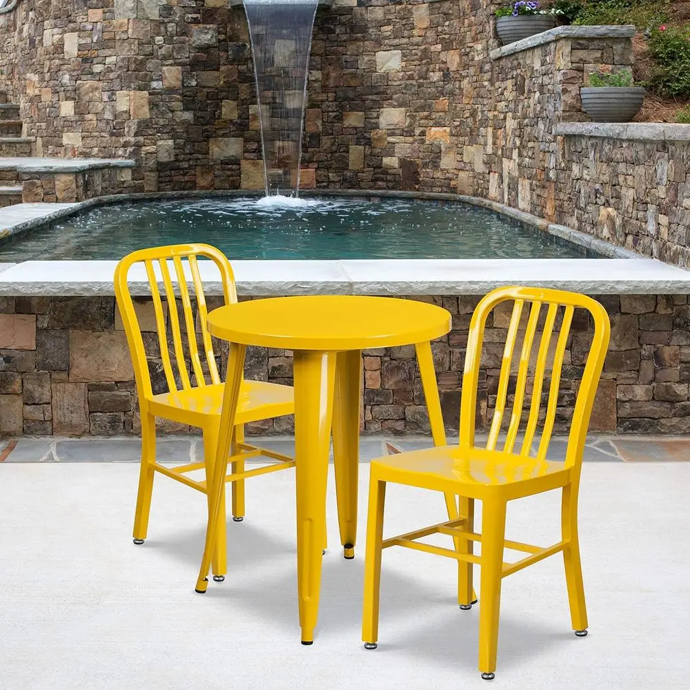 24 Round Yellow Metal Table Set with 2 Veal Slat Back Chairs, Commercial Quality
24 Round Yellow Metal Table Set with 2 Veal Slat Back Chairs, Commercial Quality