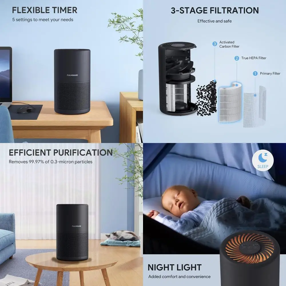 Компактный очиститель воздуха H13 HEPA с ночником для спален, офисов и гостиных - бесшумная работа, портативный дизайн, черный цвет
Компактный очиститель воздуха H13 HEPA с ночником для спален, офисов и гостиных - бесшумная работа, портативный дизайн, черный цвет