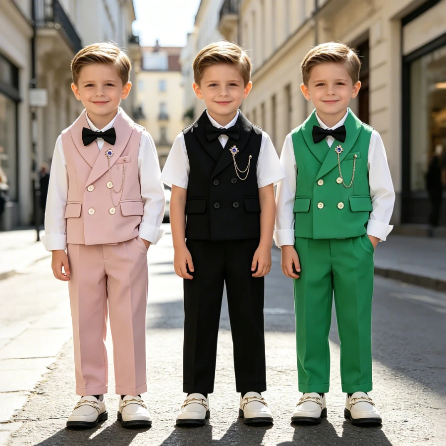 Boys Double Breasted Vest Suit Shirt Pants Kids Tuxedo with Brooch Bow Tie Wedding Host Birthday Photograph Costume for Toddler
Boys Double Breasted Vest Suit Shirt Pants Kids Tuxedo with Brooch Bow Tie Wedding Host Birthday Photograph Costume for Toddler