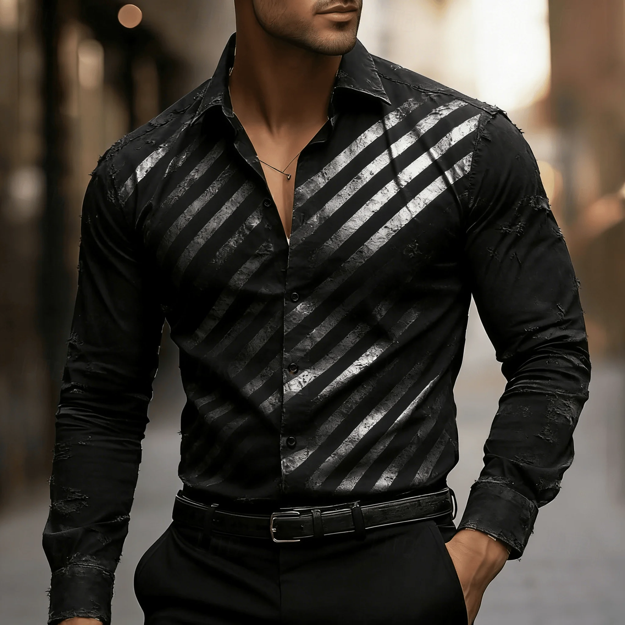 Men's Metallic Silver Diagonal Stripe Lapel Shirt, Spring Summer Edgy Casual Top, Distressed Texture Design
Men's Metallic Silver Diagonal Stripe Lapel Shirt, Spring Summer Edgy Casual Top, Distressed Texture Design