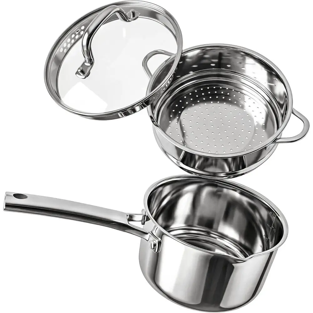 3.5 Qt Stainless Steel Steamer and Saucepan Set with Pour Spouts, Steamer Insert, and Glass Lid for All Stovetops
3.5 Qt Stainless Steel Steamer and Saucepan Set with Pour Spouts, Steamer Insert, and Glass Lid for All Stovetops
