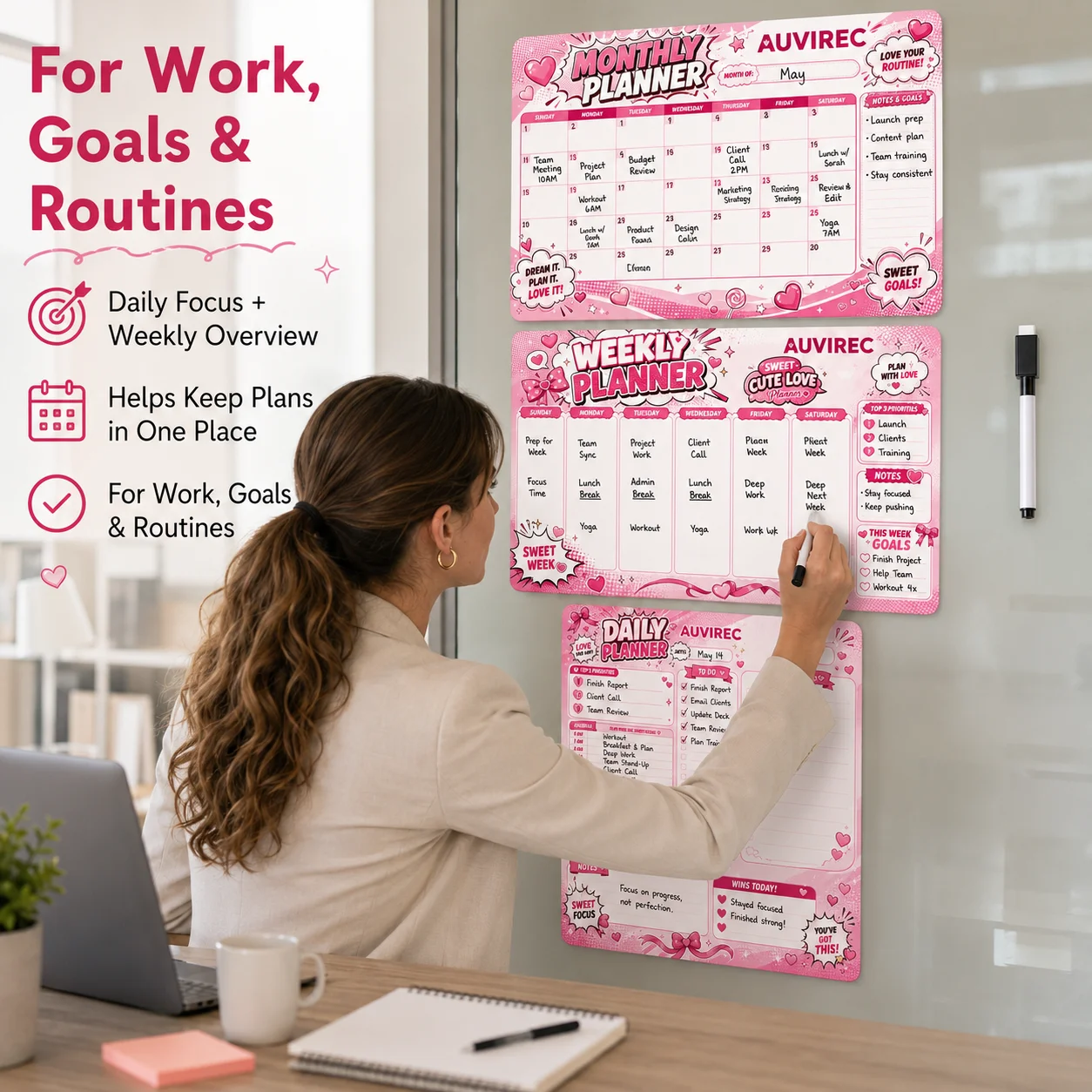 AUVIREC 3-Piece Adhesive Dry Erase Planner Set, Elegant Pink Monthly Weekly Daily Office Calendar with Magnetic Marker
AUVIREC 3-Piece Adhesive Dry Erase Planner Set, Elegant Pink Monthly Weekly Daily Office Calendar with Magnetic Marker