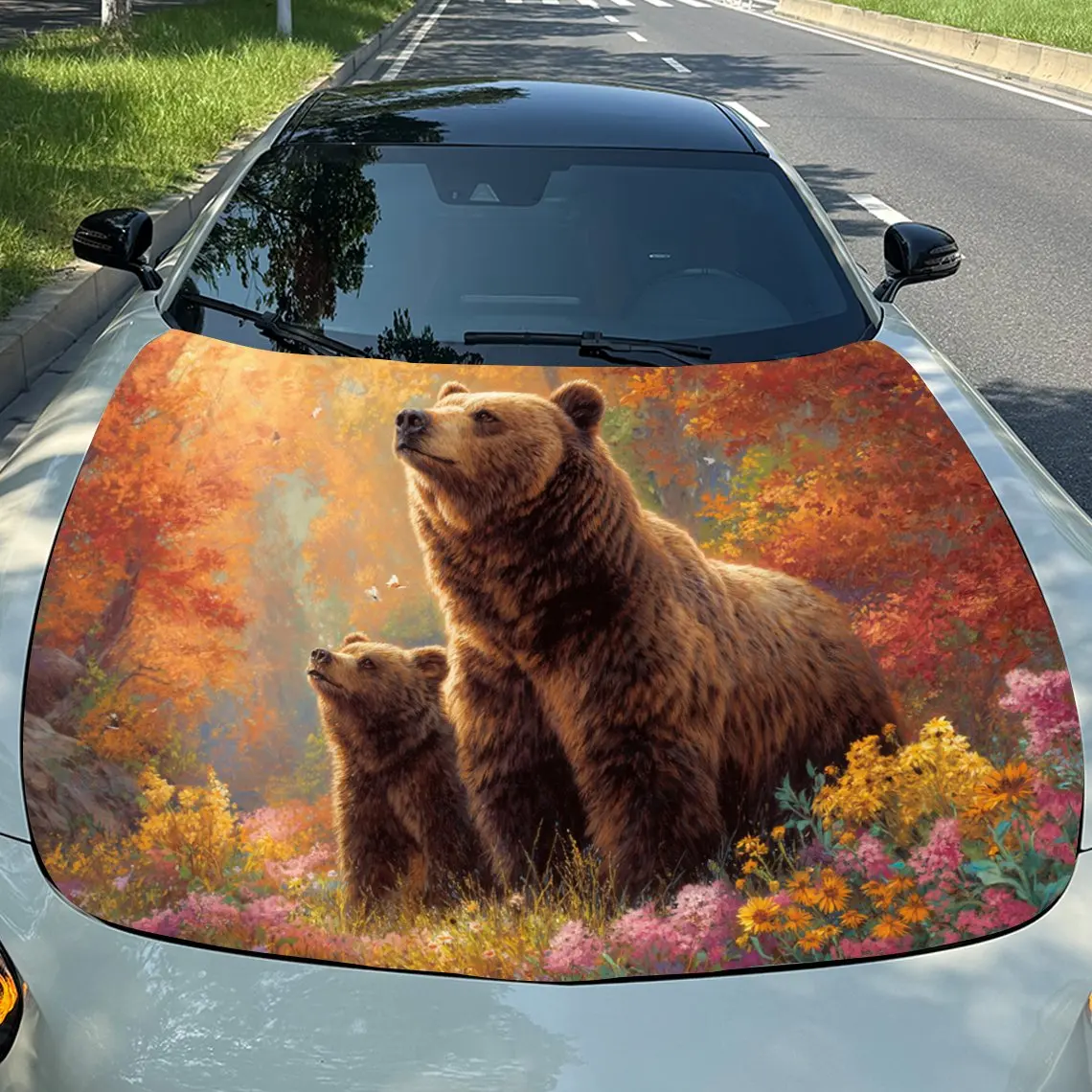 Car Decals Realistic Brown Bears (Adult and Cub) Amidst a Vibrant Autumn Landscape with Colorful Foliage and Flowers Car Hood St
Car Decals Realistic Brown Bears (Adult and Cub) Amidst a Vibrant Autumn Landscape with Colorful Foliage and Flowers Car Hood St