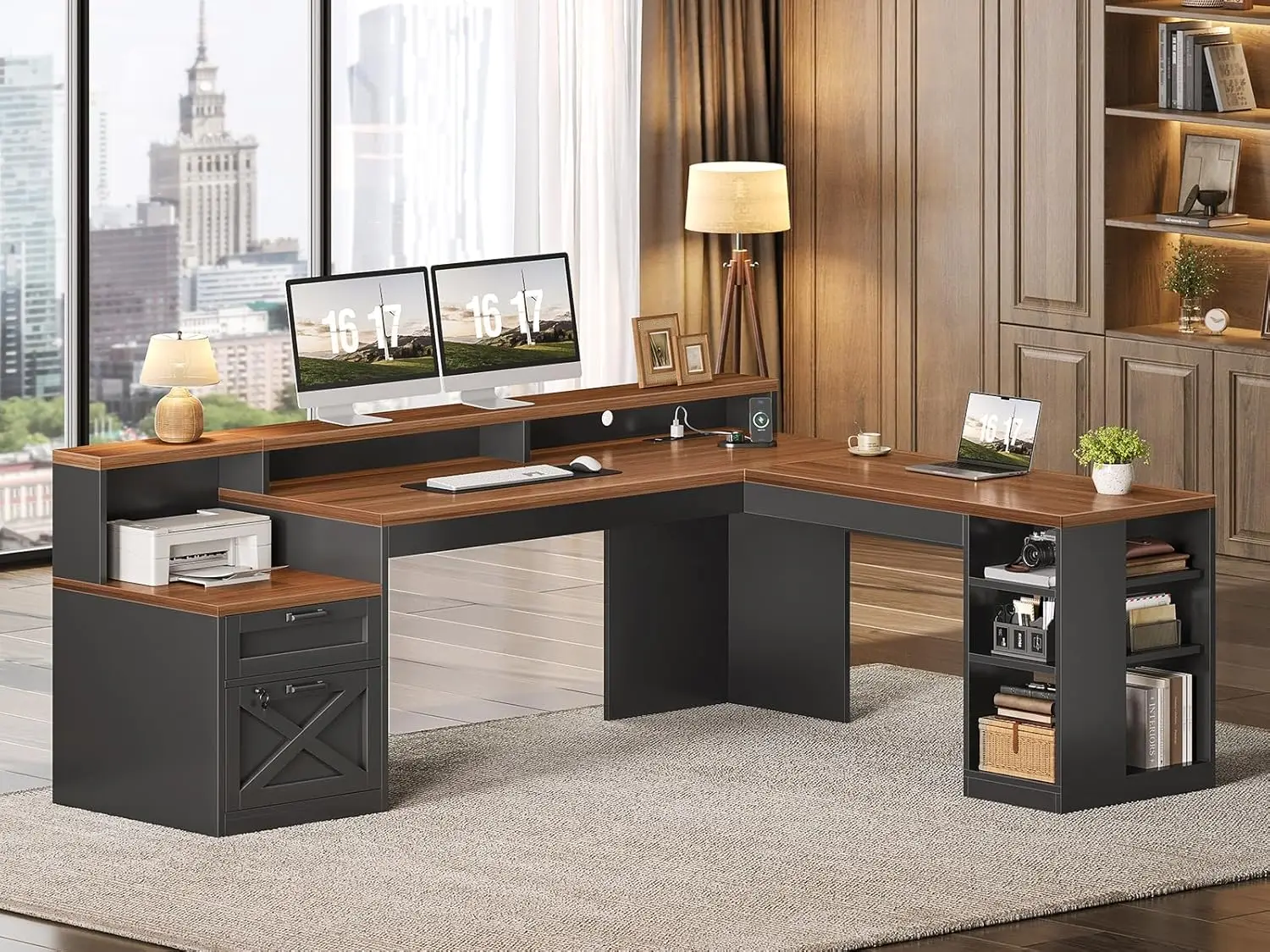 Corner Desk 65'x59' with Lockable Drawer, LED Strip, Power Outlet, Black and Brown Storage Solution
Corner Desk 65'x59' with Lockable Drawer, LED Strip, Power Outlet, Black and Brown Storage Solution