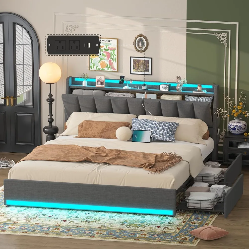 Upholstered Full Size Bed Frame with 4 Drawers & LED Lights, Bed Frame Full Size with Storage Headboard & Charging Station
Upholstered Full Size Bed Frame with 4 Drawers & LED Lights, Bed Frame Full Size with Storage Headboard & Charging Station