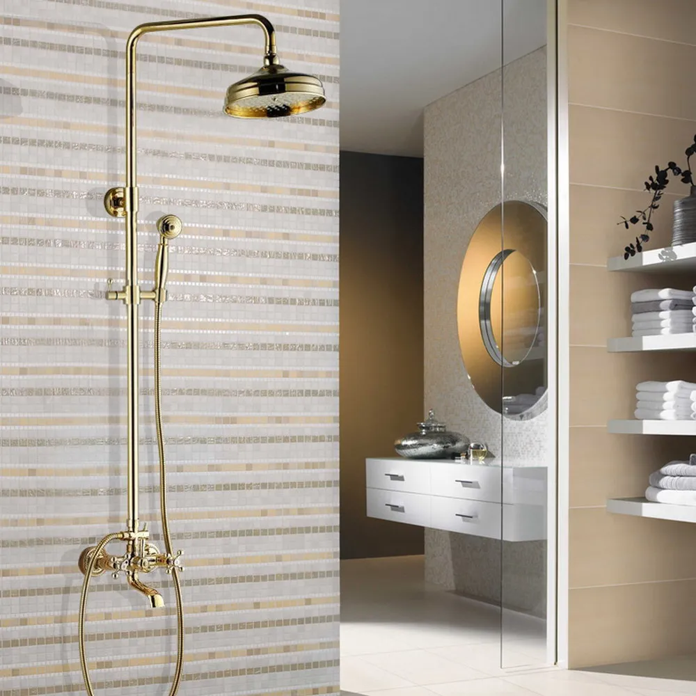 Gold Color Brass Shower Faucets Set 8'' Rainfall Shower Head Dual Handle Mixer Tap Swivel Tub Spout Bath Shower zgf341
Gold Color Brass Shower Faucets Set 8'' Rainfall Shower Head Dual Handle Mixer Tap Swivel Tub Spout Bath Shower zgf341