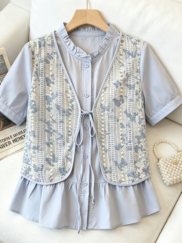 Sweet Layered Fake Two-Piece Short Sleeve Women's Shirt Summer 2026 Korean Style plus Size Patchwork Top Floral Print Blouse
Sweet Layered Fake Two-Piece Short Sleeve Women's Shirt Summer 2026 Korean Style plus Size Patchwork Top Floral Print Blouse