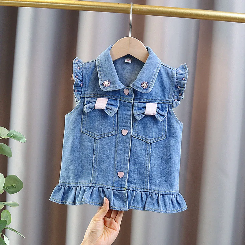 New Fashion Kids Children's Denim Vest with Bow and Pearl for Toddler Girls Denim Waistcoat Baby Lovely Style Sleeveless Jacket
New Fashion Kids Children's Denim Vest with Bow and Pearl for Toddler Girls Denim Waistcoat Baby Lovely Style Sleeveless Jacket