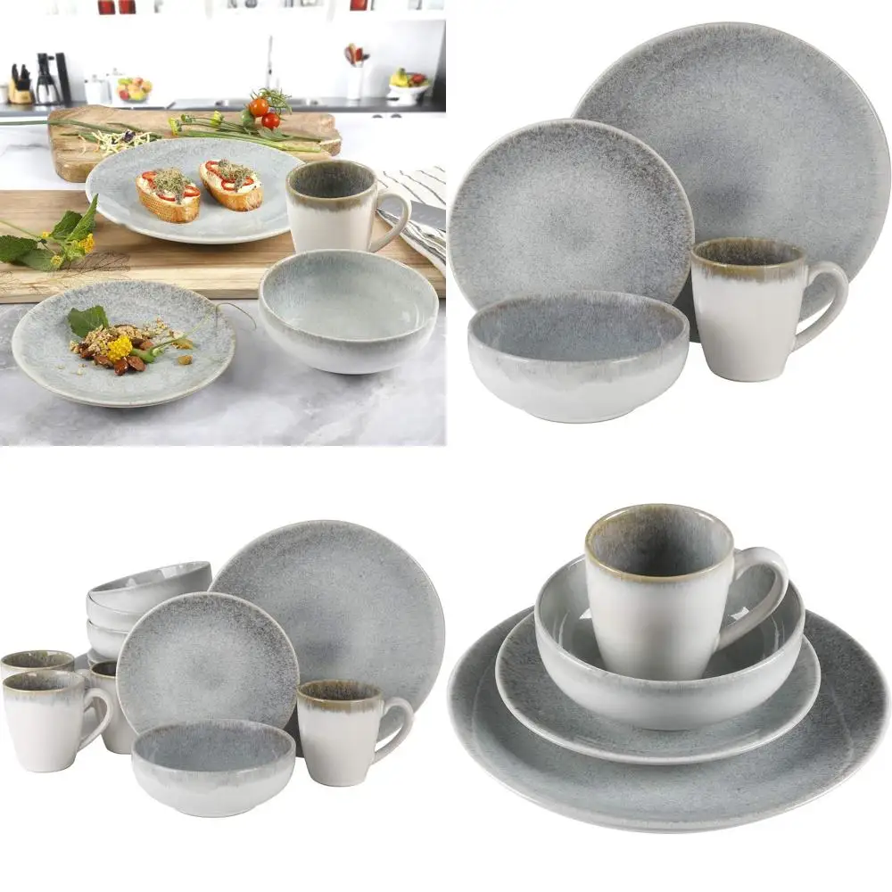 Round Reactive Glaze Stoneware Dinnerware, 16-Piece Set, White with Blue Speckles
Round Reactive Glaze Stoneware Dinnerware, 16-Piece Set, White with Blue Speckles