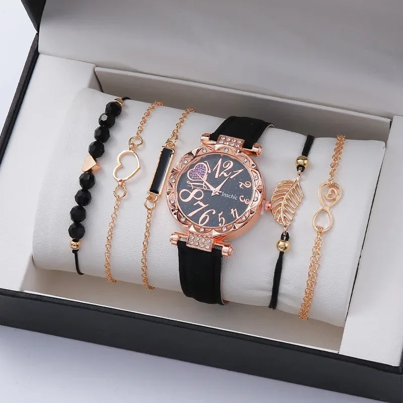 6PCS/Set Women Watches Fashion Rhinestone Heart Dial Quartz Watch Leather Band Wristwatches Bracelets Set(Without Box)
6PCS/Set Women Watches Fashion Rhinestone Heart Dial Quartz Watch Leather Band Wristwatches Bracelets Set(Without Box)