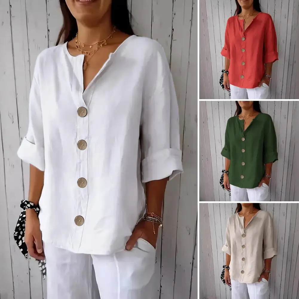 Loose Fit Pullover Tops Stylish Women's V-neck Pullover Tops with Button Detailing for Wear Loose Fit 3/4 Sleeve for Breathable
Loose Fit Pullover Tops Stylish Women's V-neck Pullover Tops with Button Detailing for Wear Loose Fit 3/4 Sleeve for Breathable