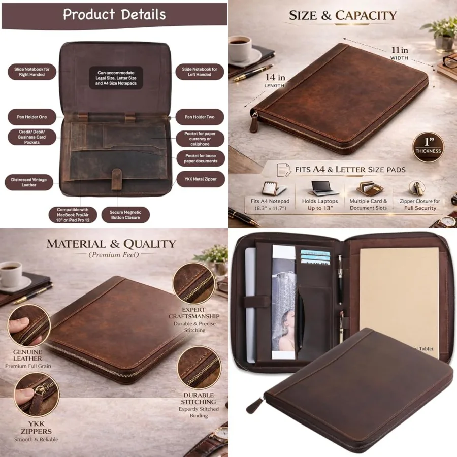Leather Padfolio with 13 Inch Laptop Pocket, Professional Business Portfolio Organizer for Documents, Cards and Writing Pad, A4
Leather Padfolio with 13 Inch Laptop Pocket, Professional Business Portfolio Organizer for Documents, Cards and Writing Pad, A4
