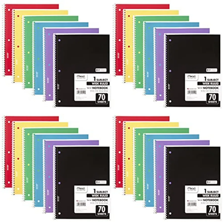 Spiral Notebook 24 Pack 1 Subject Wide Ruled Paper 7-1/2" x 10-1/2" 70 Sheets per Notebook Colors Will Vary 930203-ECM25
Spiral Notebook 24 Pack 1 Subject Wide Ruled Paper 7-1/2" x 10-1/2" 70 Sheets per Notebook Colors Will Vary 930203-ECM25
