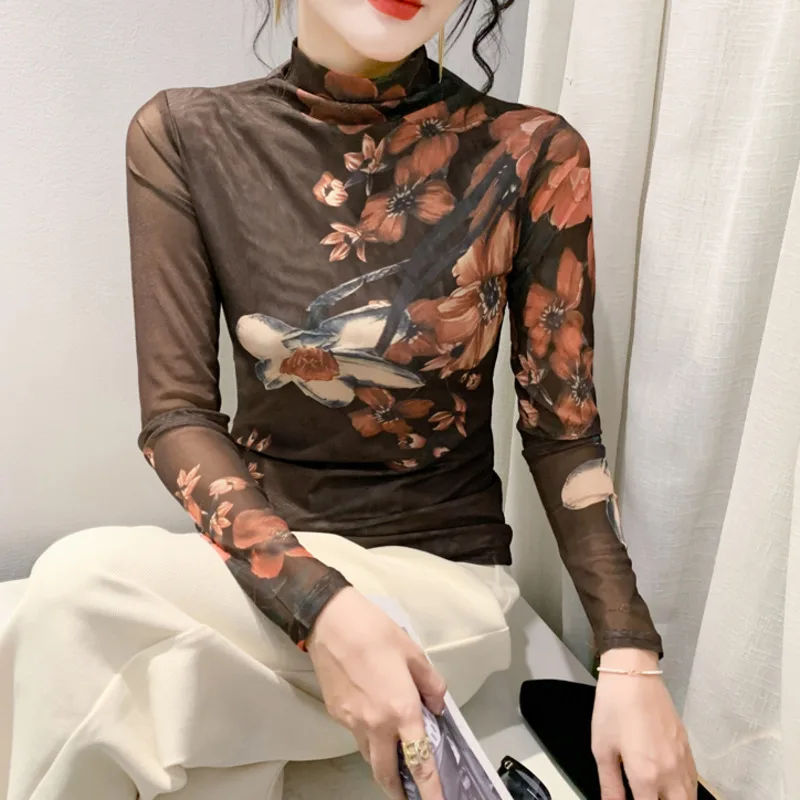 #8777 Turtleneck T Shirt Women Flower Printed T Shirt Long Sleeve Floral Printed Mesh Skinny T-shirt Female Sexy Office Vintage
#8777 Turtleneck T Shirt Women Flower Printed T Shirt Long Sleeve Floral Printed Mesh Skinny T-shirt Female Sexy Office Vintage
