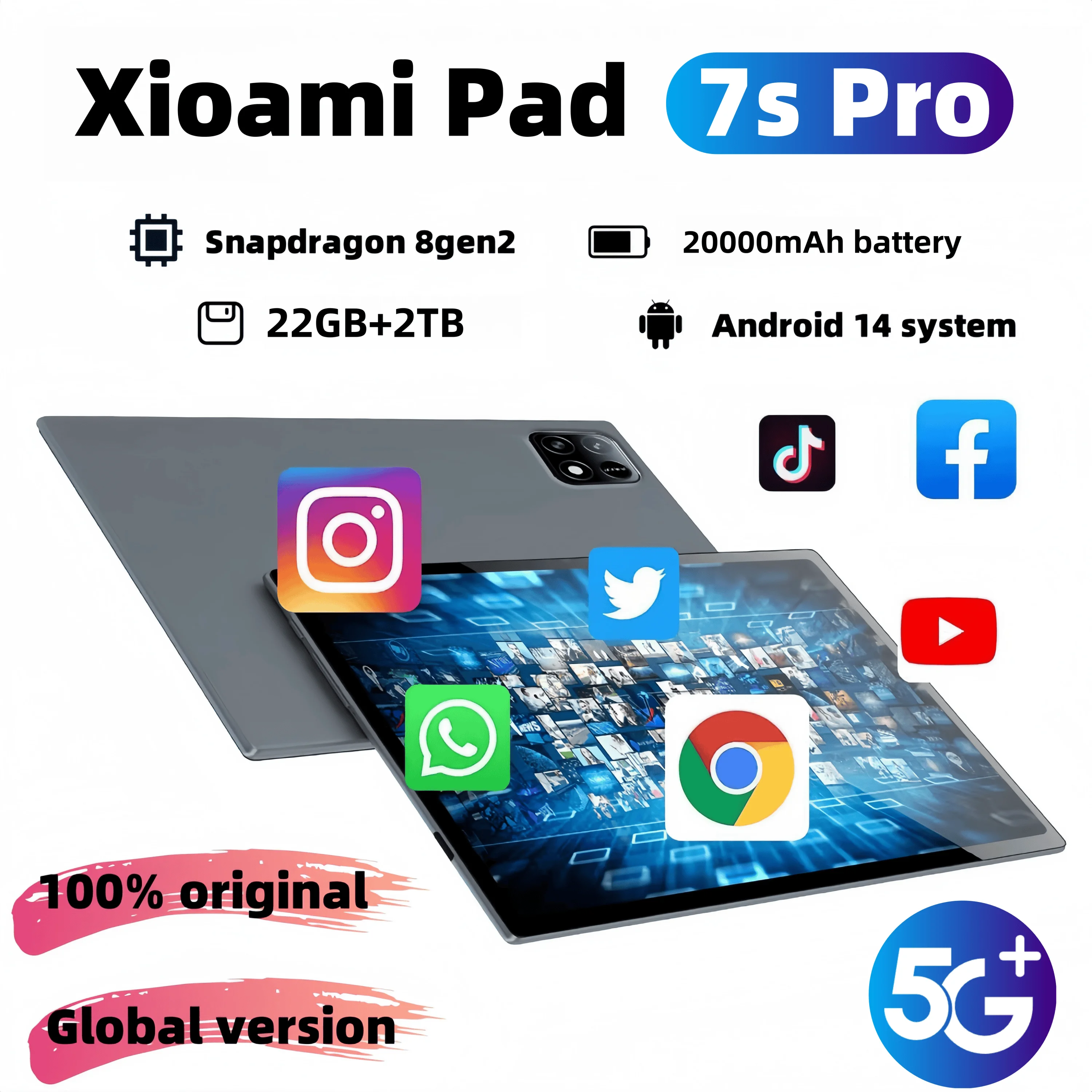 New 2025 7S Pro Tablet 4K Screen Android 14 System Dual-Mode 5G and Wi-Fi 20000mAh 22GB RAM 2TB Storage with Snapdragon 8gen2
New 2025 7S Pro Tablet 4K Screen Android 14 System Dual-Mode 5G and Wi-Fi 20000mAh 22GB RAM 2TB Storage with Snapdragon 8gen2