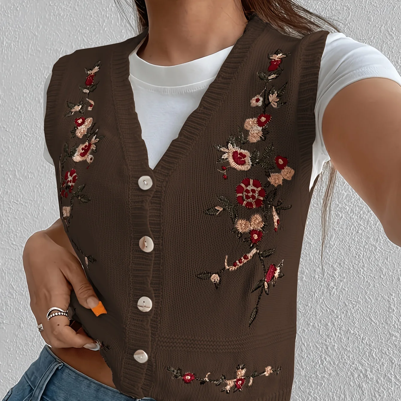 Women's Floral Embroidered Knit Vest, V-Neck Button Down Sleeveless Cardigan, Casual Cropped Sweater Vest
Women's Floral Embroidered Knit Vest, V-Neck Button Down Sleeveless Cardigan, Casual Cropped Sweater Vest