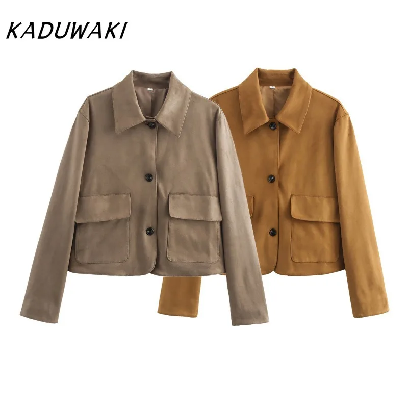 KADUWAKI Autumn Suede Leather Long Sleeve Cropped Jacket Women Chic Lapel Single Breasted Pocket Streetwear Coat Female Clothes
KADUWAKI Autumn Suede Leather Long Sleeve Cropped Jacket Women Chic Lapel Single Breasted Pocket Streetwear Coat Female Clothes