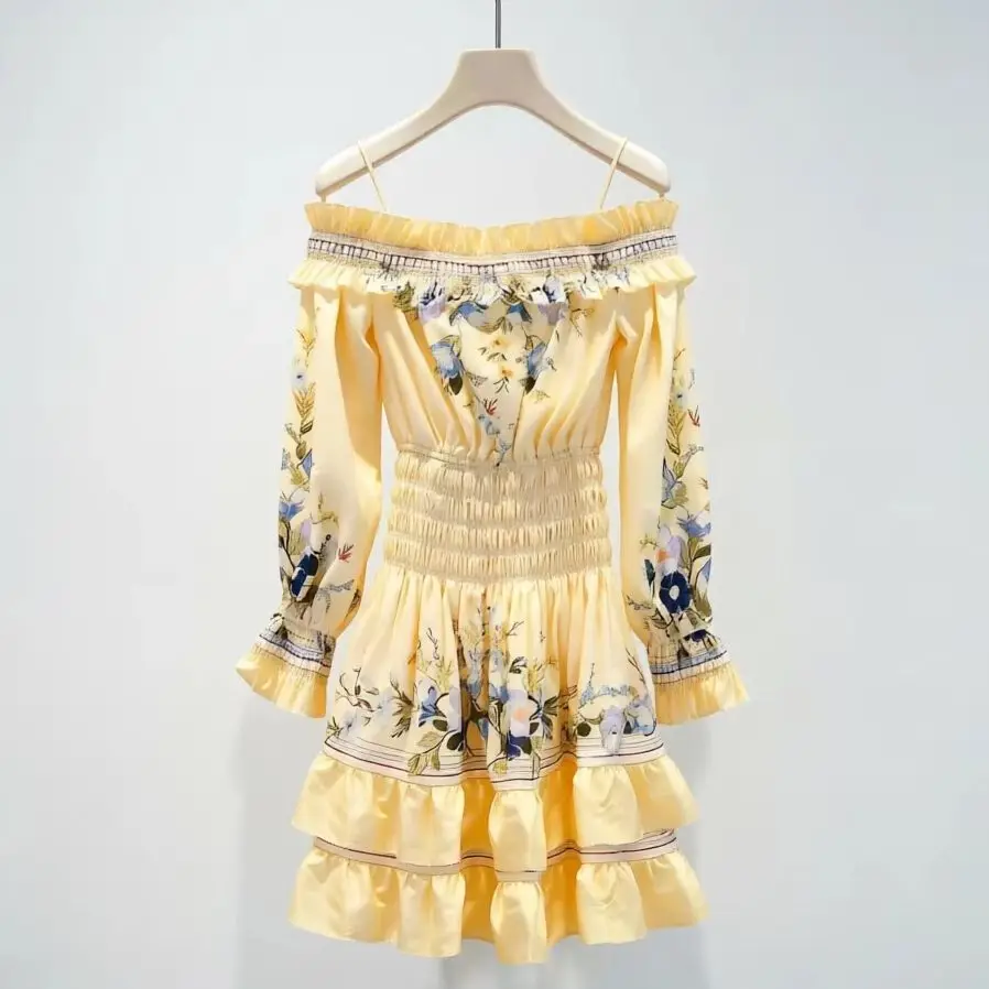 Women Off Shoulder Floral Print Long Sleeve Dress Yellow Ruffled Hem Slim Fit Summer Vacation Beach Party Mini Dress
Women Off Shoulder Floral Print Long Sleeve Dress Yellow Ruffled Hem Slim Fit Summer Vacation Beach Party Mini Dress