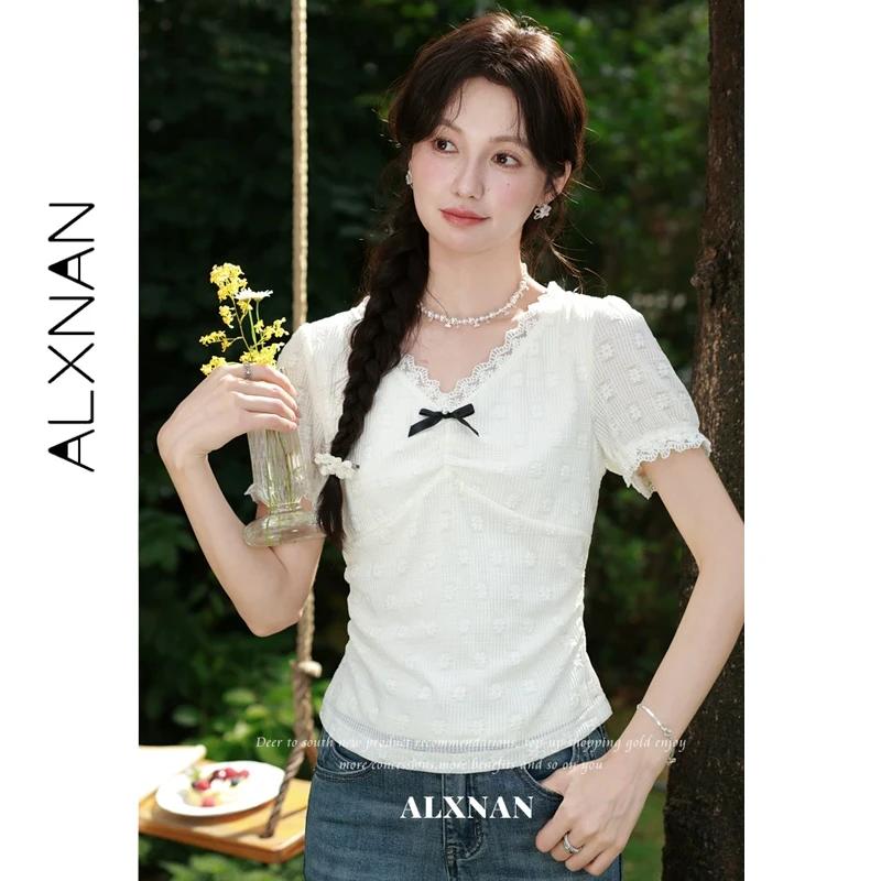 ALXNAN Off-white T-shirt Lace Bow Puff Sleeve Women Summer Short Sleeve T-shirt 2026 V-neck Slim-fit Casual Female Tops L65006
ALXNAN Off-white T-shirt Lace Bow Puff Sleeve Women Summer Short Sleeve T-shirt 2026 V-neck Slim-fit Casual Female Tops L65006