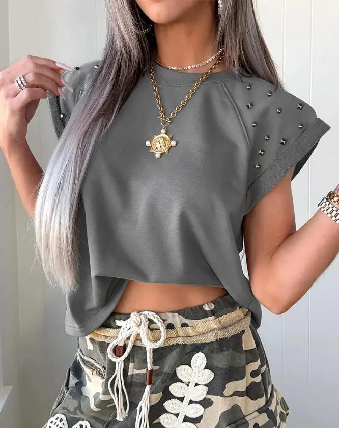 Women's T-Shirt 2026 Spring Summer New Studded Cap Sleeve Cropped Top Casual Tee Y2K Retro Streetwear Round Neck Top
Women's T-Shirt 2026 Spring Summer New Studded Cap Sleeve Cropped Top Casual Tee Y2K Retro Streetwear Round Neck Top