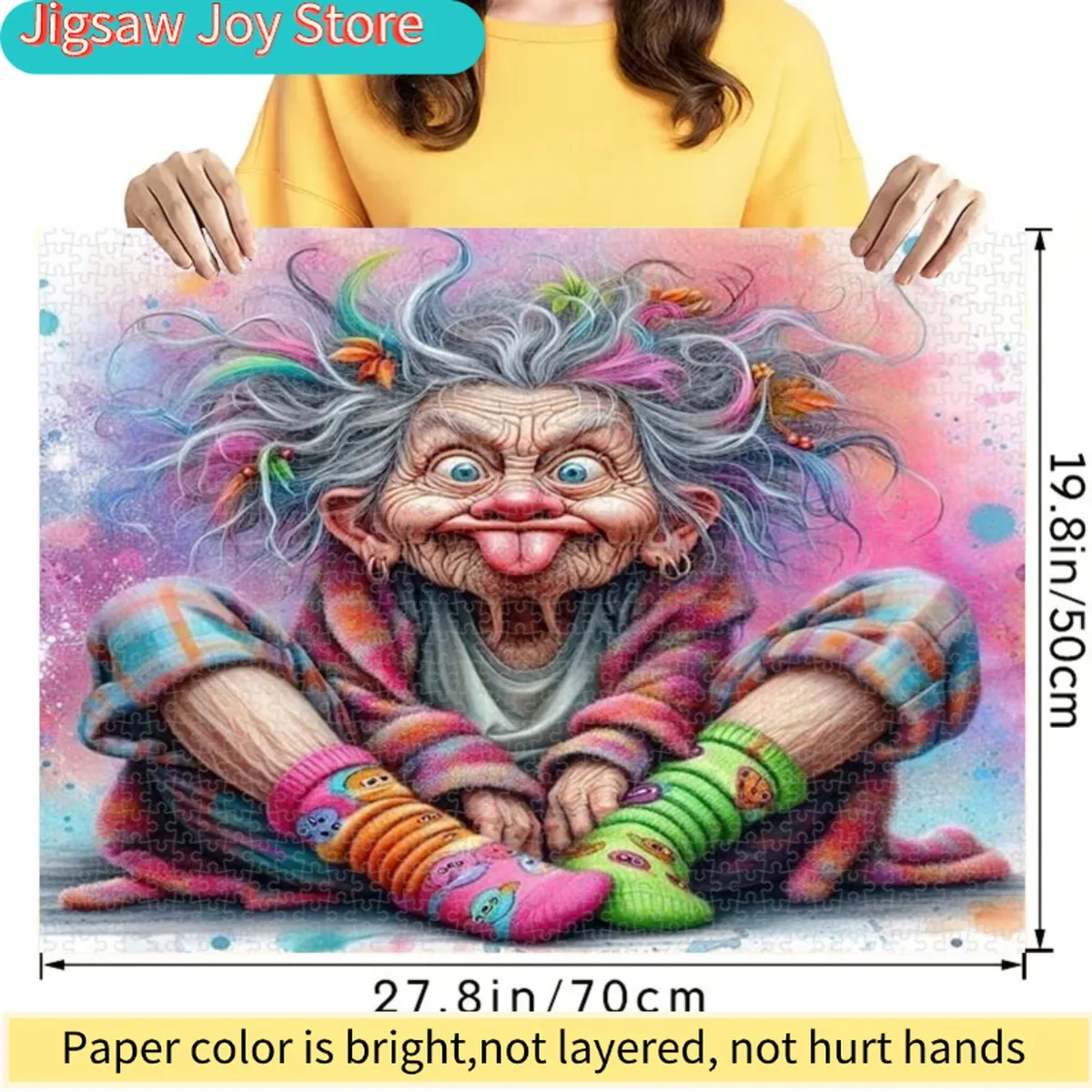 Пазл на 1000 элементов - Забавная пожилая дама с вьющимися волосами, торчащим языком и разноцветными носками - Яркая и сложная головоломка для развития мозга
Пазл на 1000 элементов - Забавная пожилая дама с вьющимися волосами, торчащим языком и разноцветными носками - Яркая и сложная головоломка для развития мозга