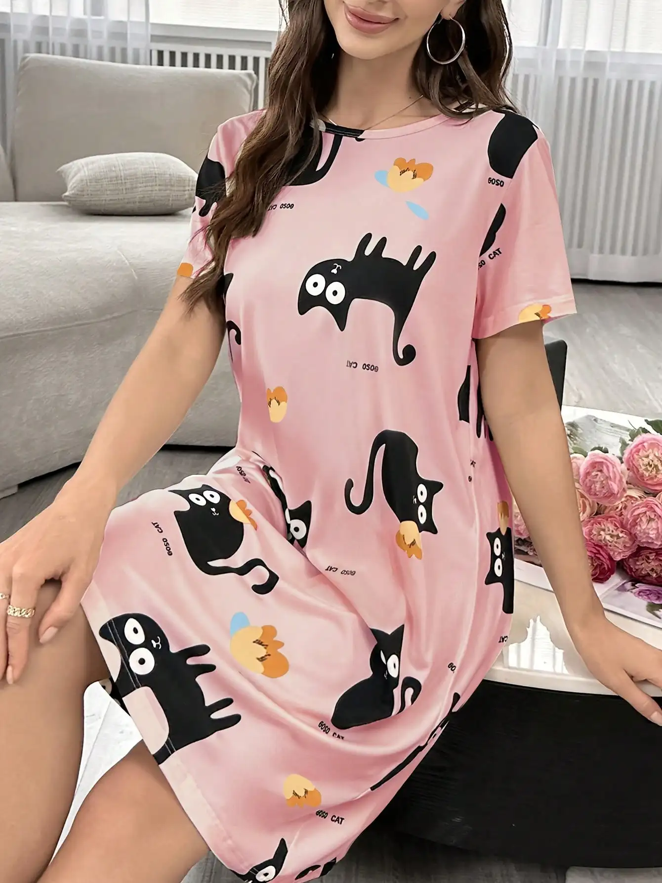 Black Cat Print Loose Short Sleeve Nightgown for Women, Soft Comfortable Sleep Dress
Black Cat Print Loose Short Sleeve Nightgown for Women, Soft Comfortable Sleep Dress