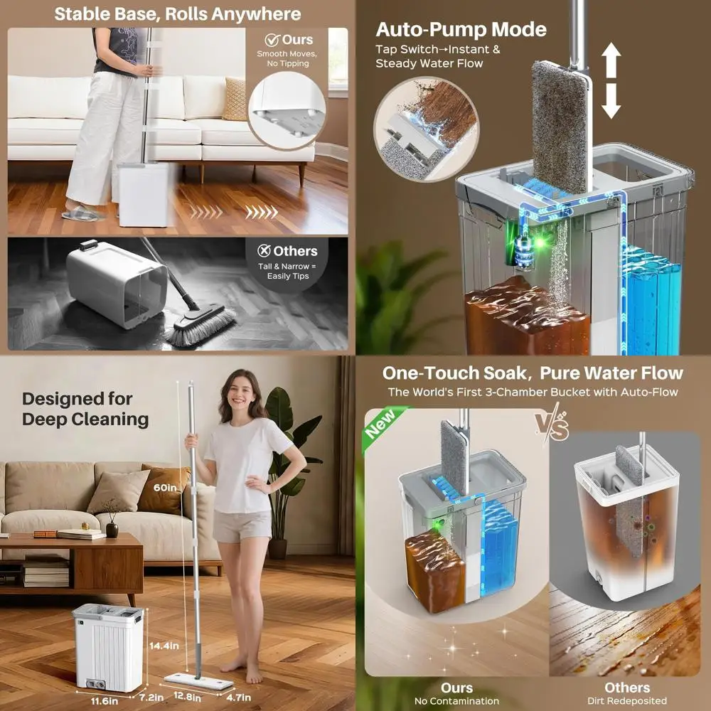 Система для мытья полов с автоматической подачей воды, 3-секционным разделением воды, колесами, отжимным устройством и 4 многоразовыми насадками для эффективной уборки пола
Система для мытья полов с автоматической подачей воды, 3-секционным разделением воды, колесами, отжимным устройством и 4 многоразовыми насадками для эффективной уборки пола