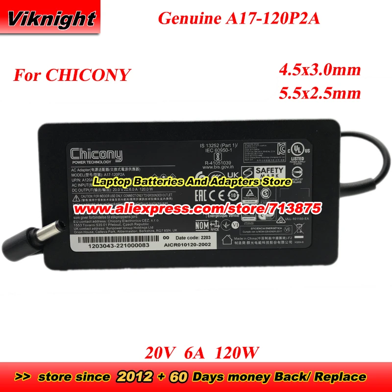 Genuine Chicony A17-120P2A AC Adapter A120A055P 20V 6A 120W for MSI GF63 THIN 10SC 10UD 11SC 11UC MS-16R5 MS-16RS ADP-120VH D
Genuine Chicony A17-120P2A AC Adapter A120A055P 20V 6A 120W for MSI GF63 THIN 10SC 10UD 11SC 11UC MS-16R5 MS-16RS ADP-120VH D
