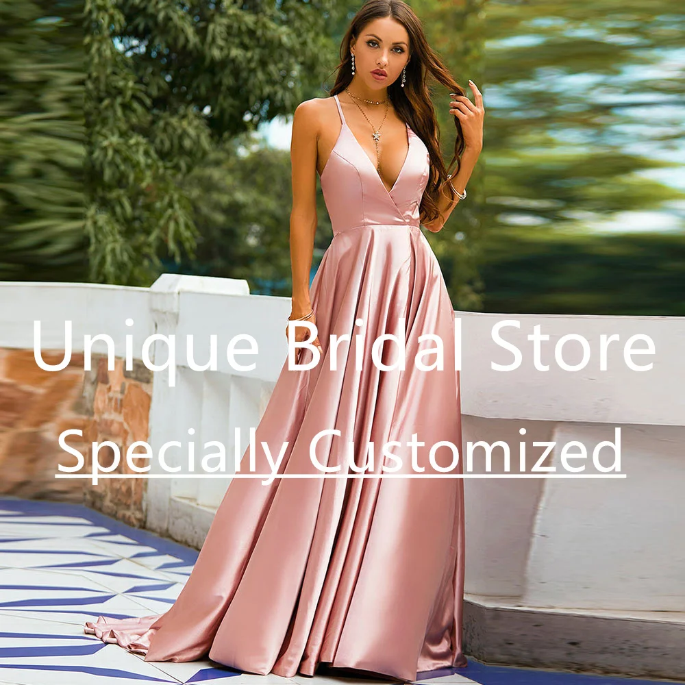 Pink Satin Evening Dresses Party A-Line Elegant Sexy Criss Cross Straps Back Lace-Up Deep V-Neck Sweep Train Prom Dress 2023
Pink Satin Evening Dresses Party A-Line Elegant Sexy Criss Cross Straps Back Lace-Up Deep V-Neck Sweep Train Prom Dress 2023