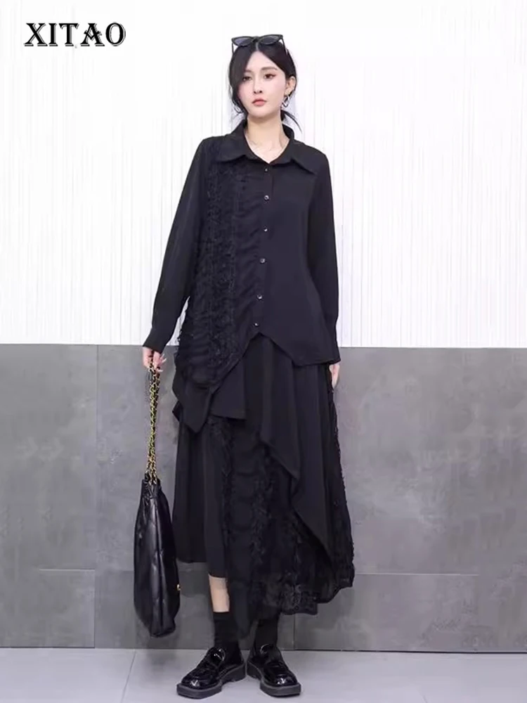 XITAO Lace Patchwork Asymmetrical Dress Sets Solid Color Turn-down Collar Long Sleeve Loose Top Elastic Waist Skirt ZY8931
XITAO Lace Patchwork Asymmetrical Dress Sets Solid Color Turn-down Collar Long Sleeve Loose Top Elastic Waist Skirt ZY8931