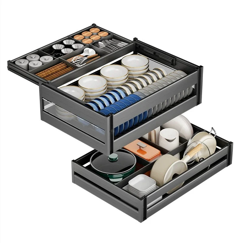 -oo 3-Tier Drawer Organizer with Damping Slides Aluminum Alloy Kitchen Cabinet Pull-Out Dish Rack Bowl & Spice Storage Basket
-oo 3-Tier Drawer Organizer with Damping Slides Aluminum Alloy Kitchen Cabinet Pull-Out Dish Rack Bowl & Spice Storage Basket