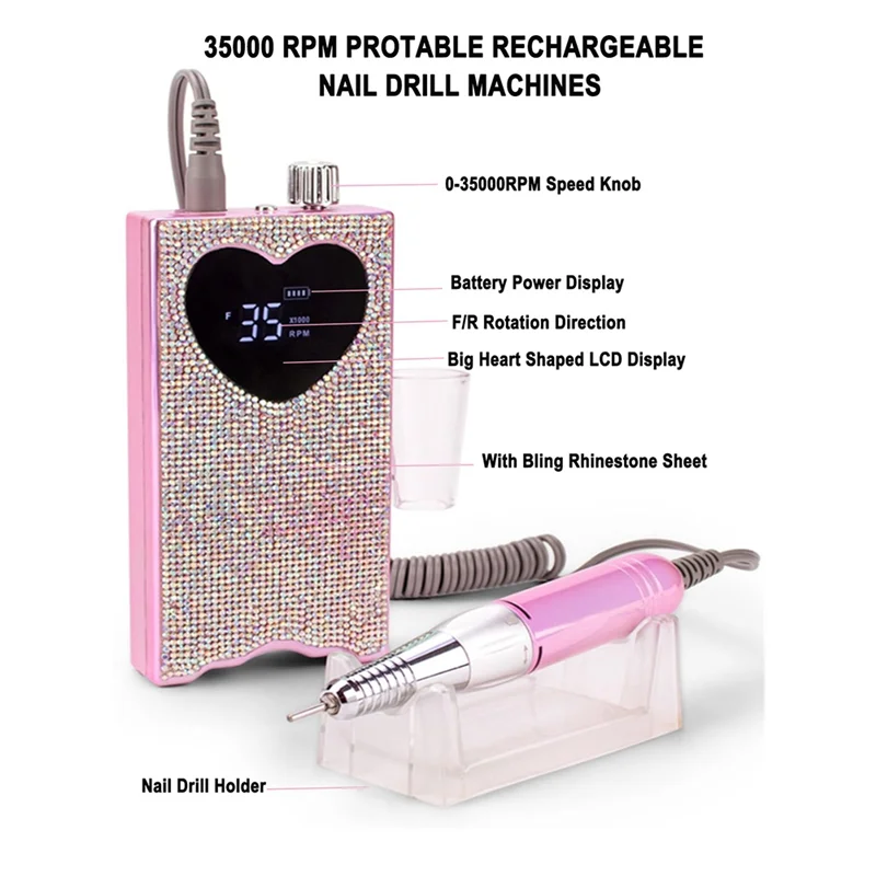 Electric Nail Drill With Rhinestone Rechargeable Nail File 35000 RPM Heart Shape Wireless Pedicure Grinder EU PLUG
Electric Nail Drill With Rhinestone Rechargeable Nail File 35000 RPM Heart Shape Wireless Pedicure Grinder EU PLUG