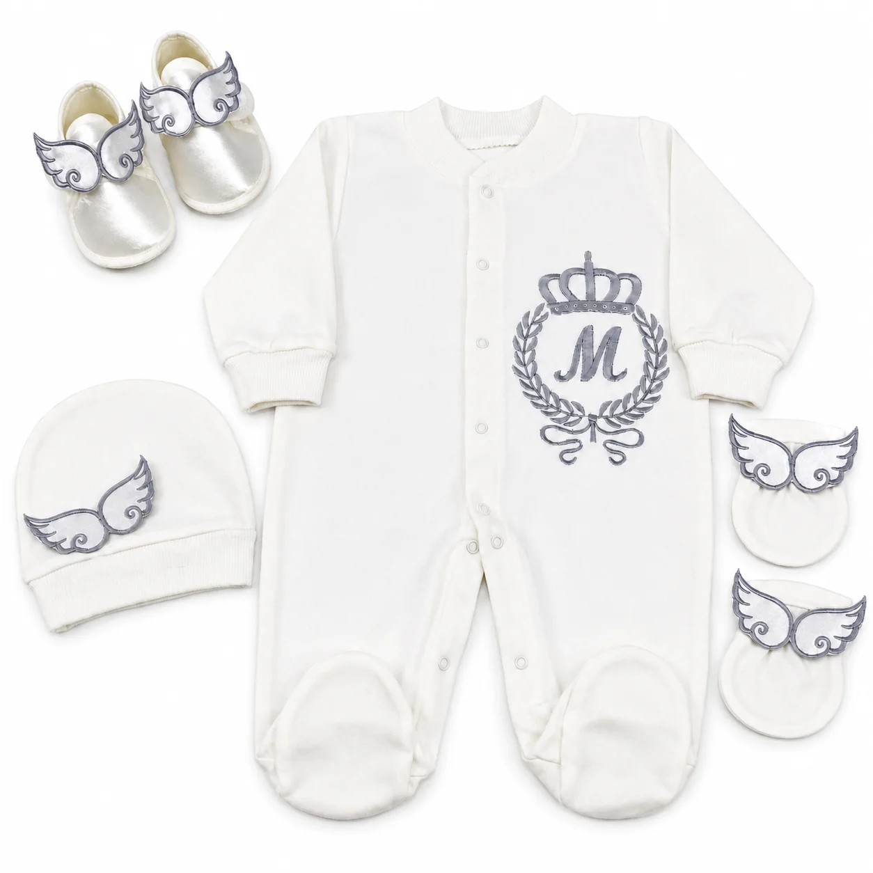 Laurel Crown Badge Embroidered Newborn Long Sleeve Footed Romper 4PCS Angel Wings Soft Cotton Baby Shower Coming Home Gift Set
Laurel Crown Badge Embroidered Newborn Long Sleeve Footed Romper 4PCS Angel Wings Soft Cotton Baby Shower Coming Home Gift Set